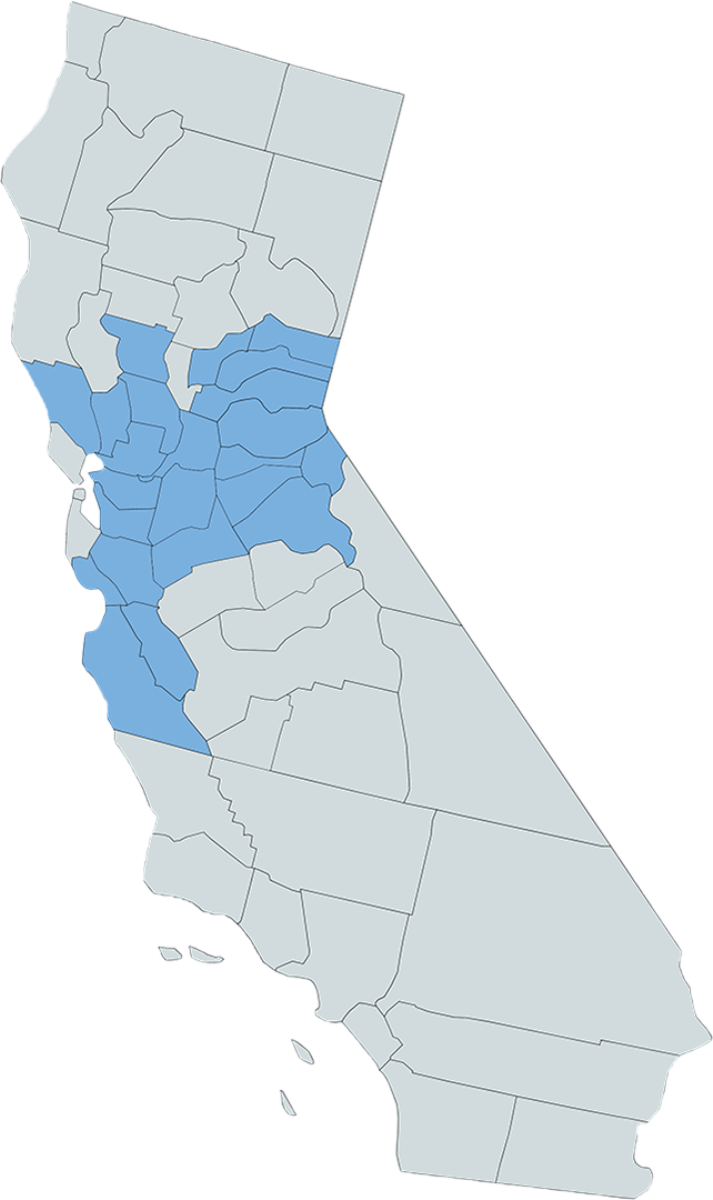 Grey map of California state with blue highlighted areas for our service areas